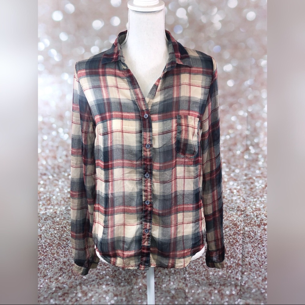 Sheer plaid button up top